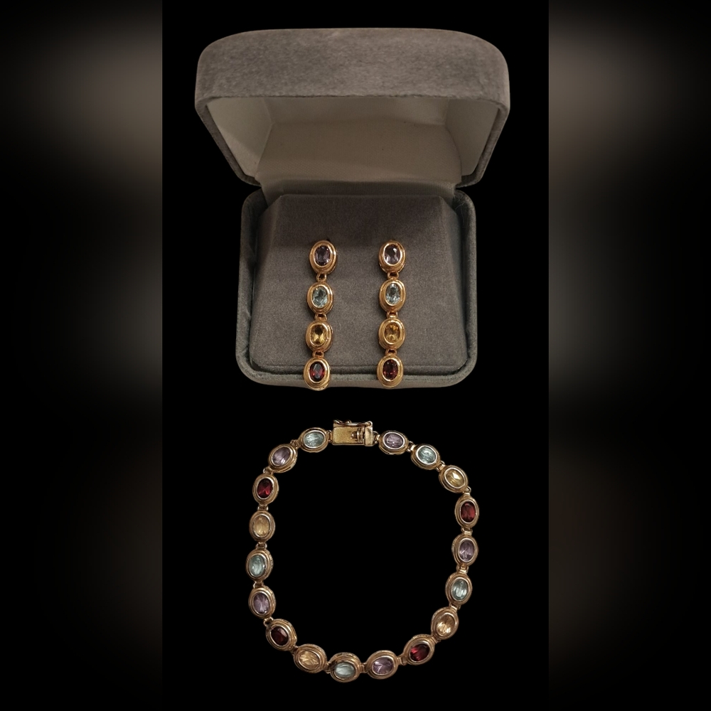 VINTAGE FILENE'S MATCHING MULTI GENUINE GEMSTONE EARINGS AND BRACELET SET - Picture 2 of 12